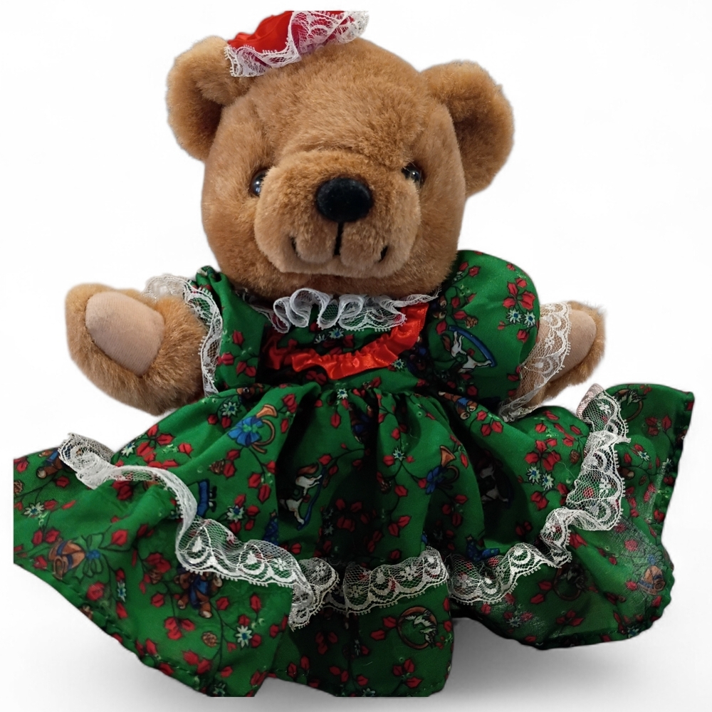 Vintage EUC ANCO Plush Teddy Bear Brown 1991 Green Holiday Rocking Horse Dress‎